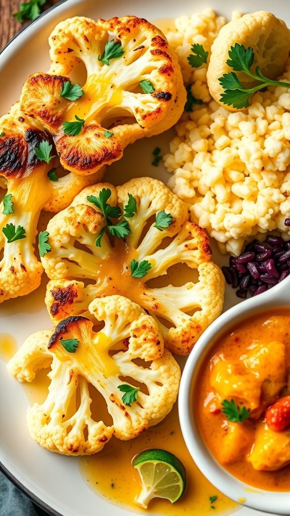 A dinner spread with roasted cauliflower steaks, creamy risotto, and cauliflower curry.